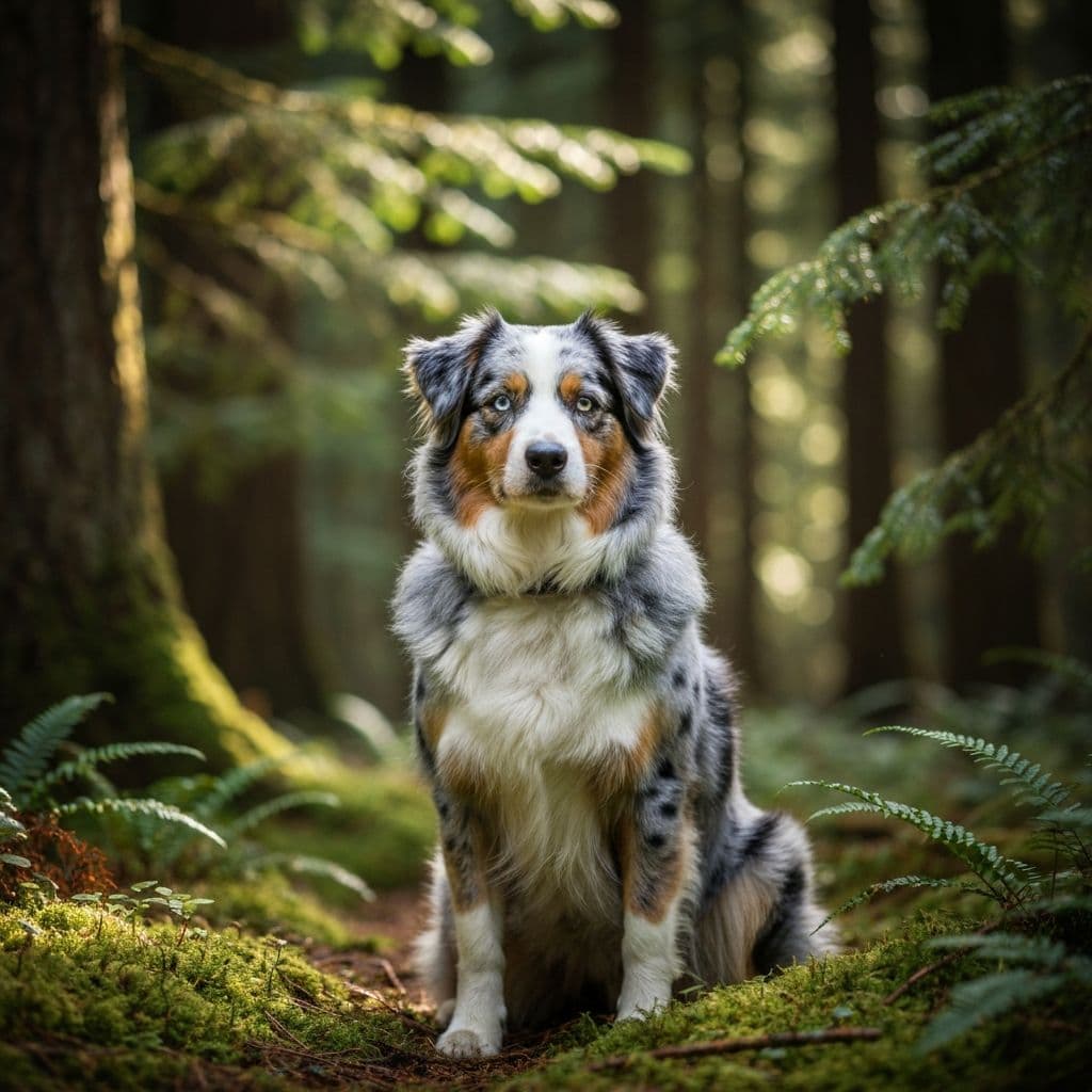 Maui the Australian Shepherd in the Pacific Northwest forest