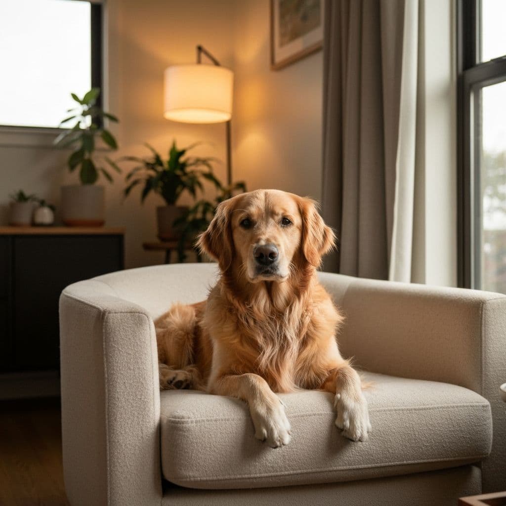 Ralph the Golden Retriever lounging on the couch